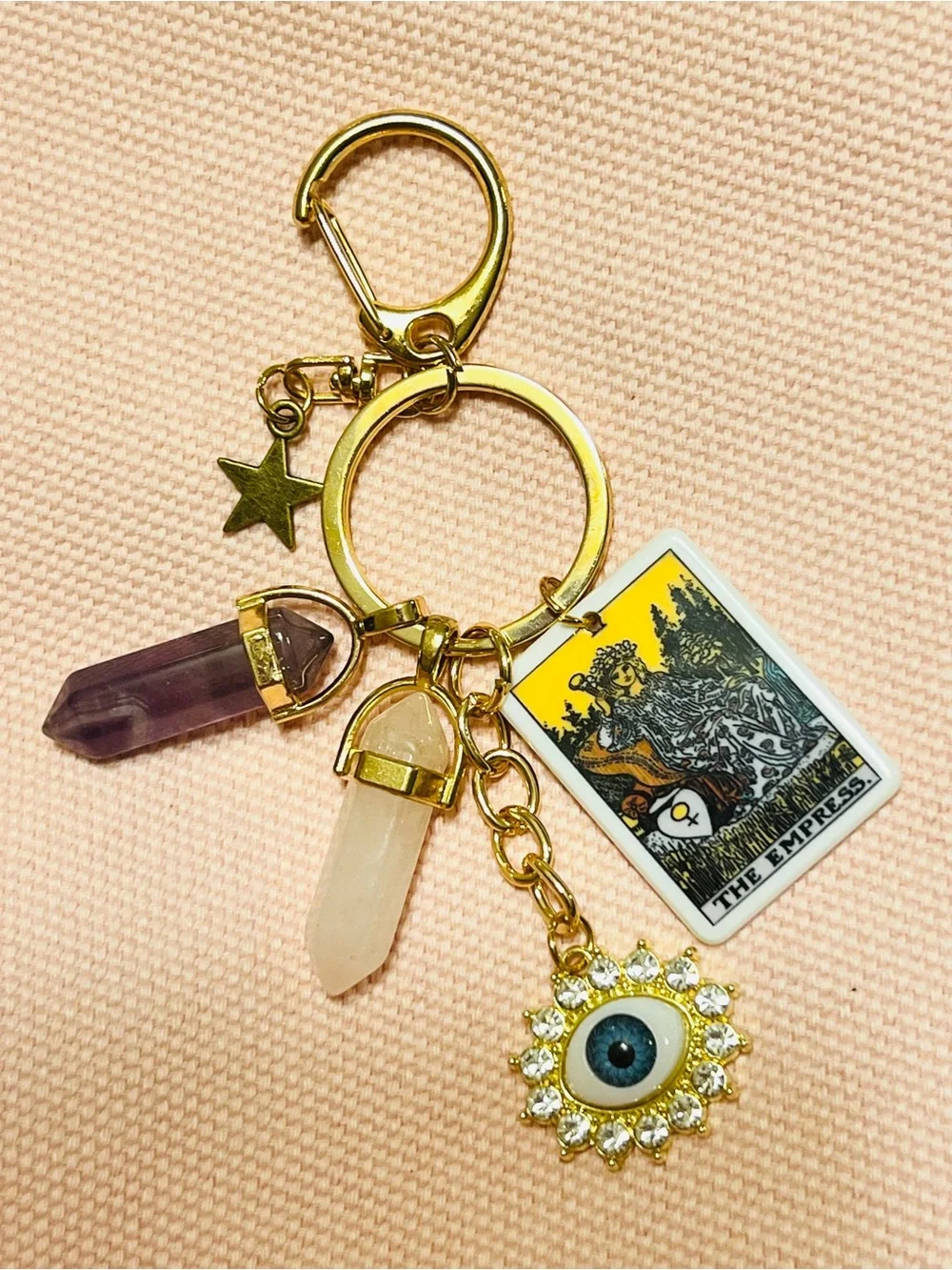 Gold Tarot Empress Keychain with Purple & Cream Crystal Charms NWOT